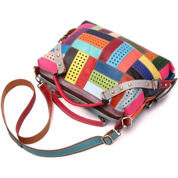 Women's Multicolor Tote Handbag Genuine Leather Random Color Hobo Shoulder Purse - Picture 6 of 8